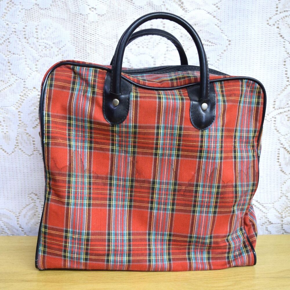 Vintage Hobo Picnic Bag Aladdin 1970s Tartan Plaid Top Handle Bag Costume Play